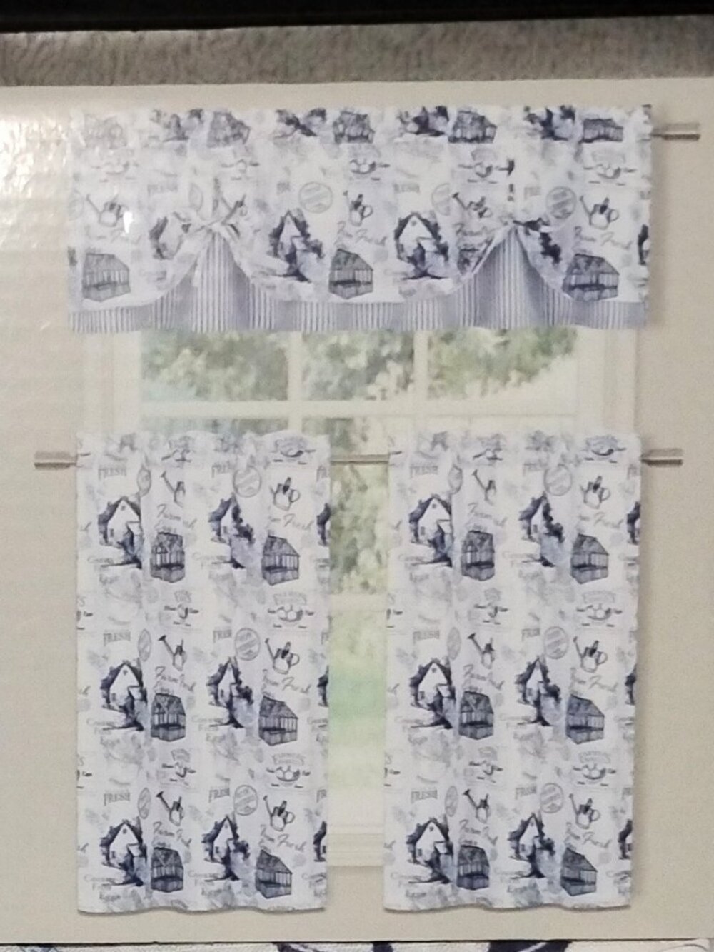 "Rooster Toile" 3-Piece Window Set Dark Blue & White Rooster Farmhouse Curtains